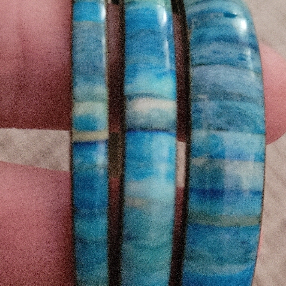 Vintage Boho Brass Inlay Tealwood Blue Bangle Bracelet Set of 3 - Picture 2 of 10